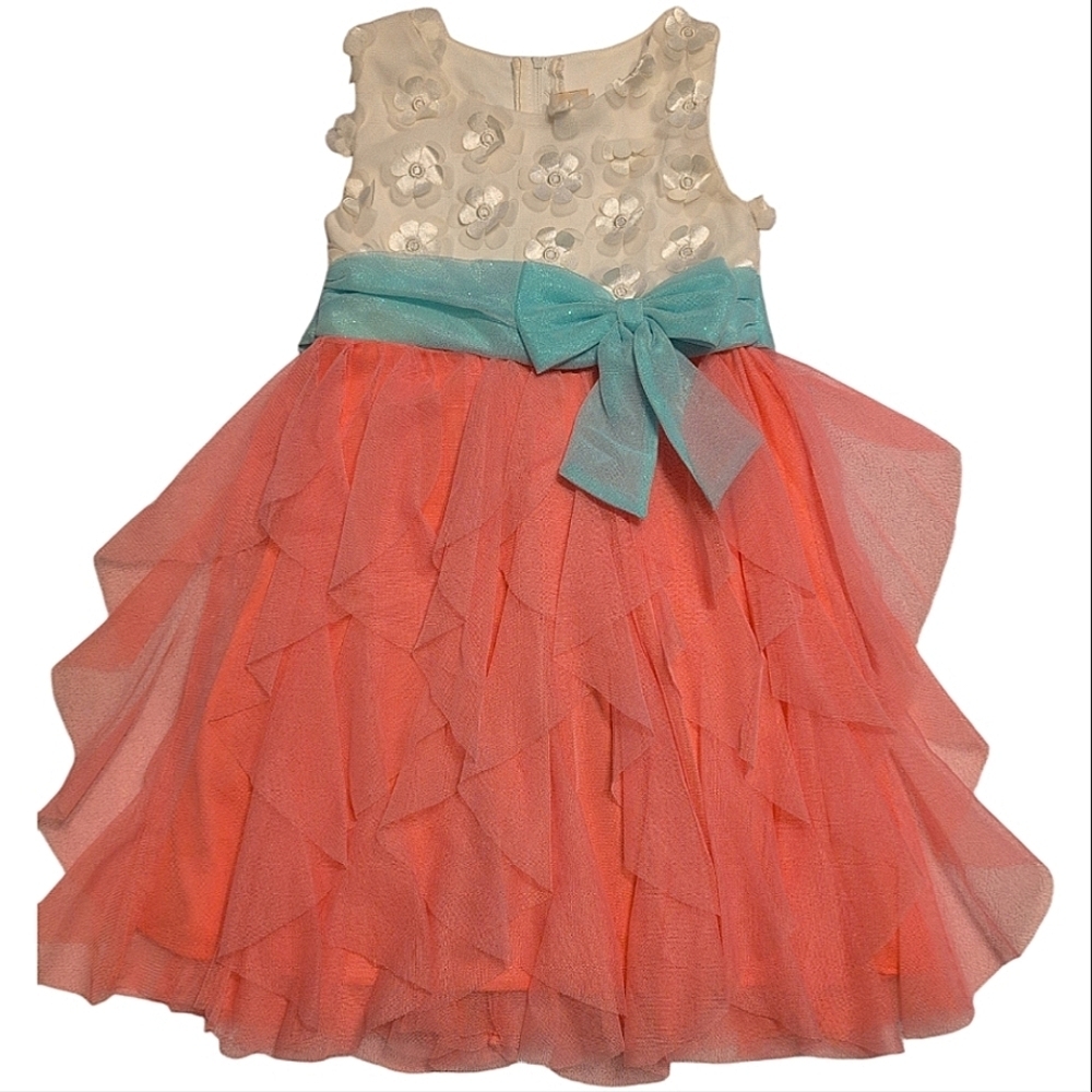 Floral Tulle Dress with Blue Shimmery Bow